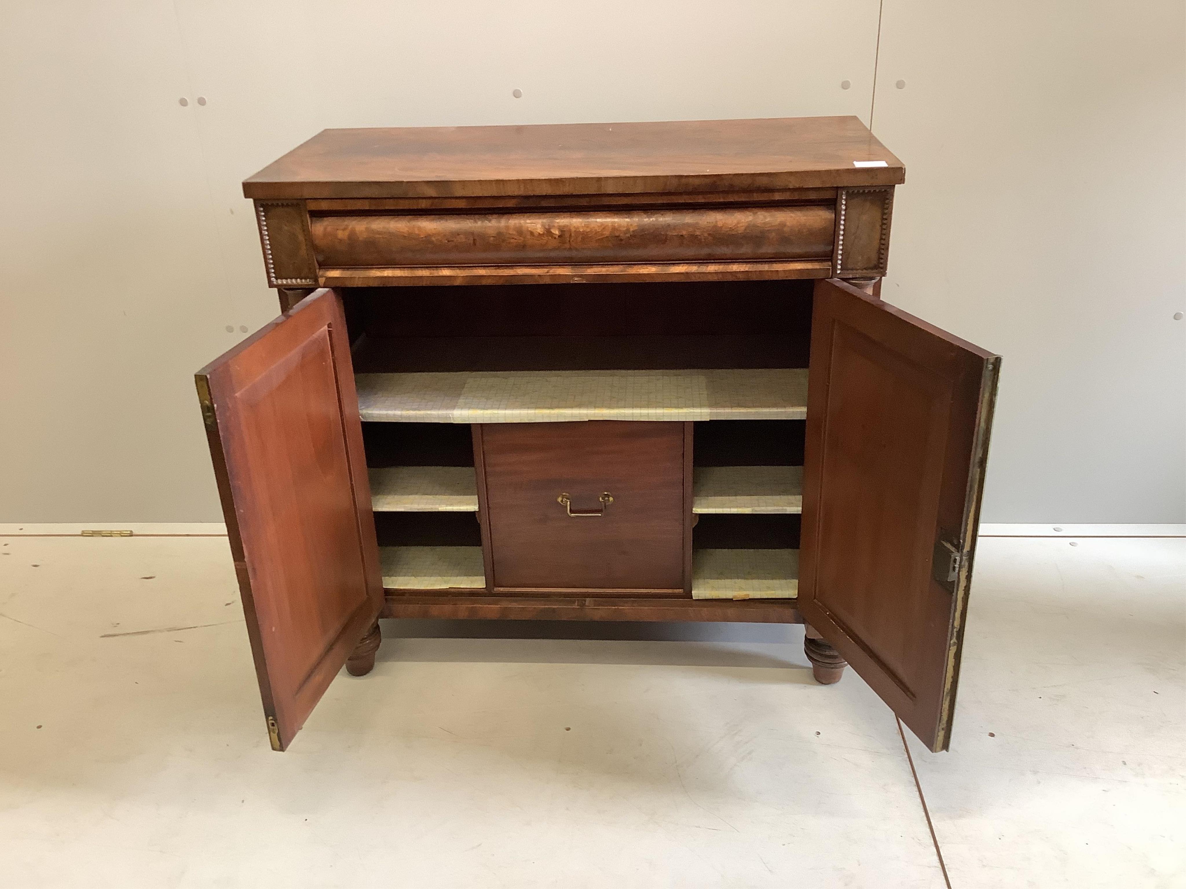An early Victorian mahogany chiffonier, width 89cm, depth 41cm, height 86cm. Condition - fair